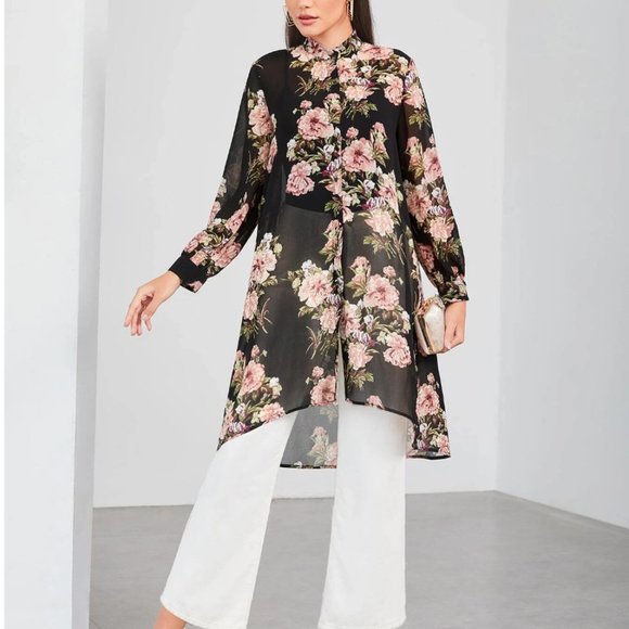 Floral Print High Low Sheer Chiffon Blouse - Picture 1 of 10